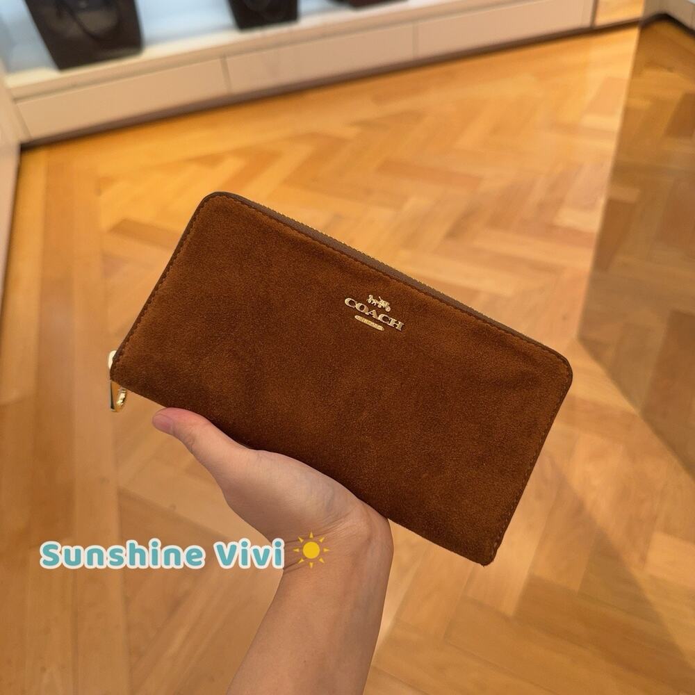 NWT Coach Long Zip Around Wallet Gold/Warm Brown Suede Leather CGG15